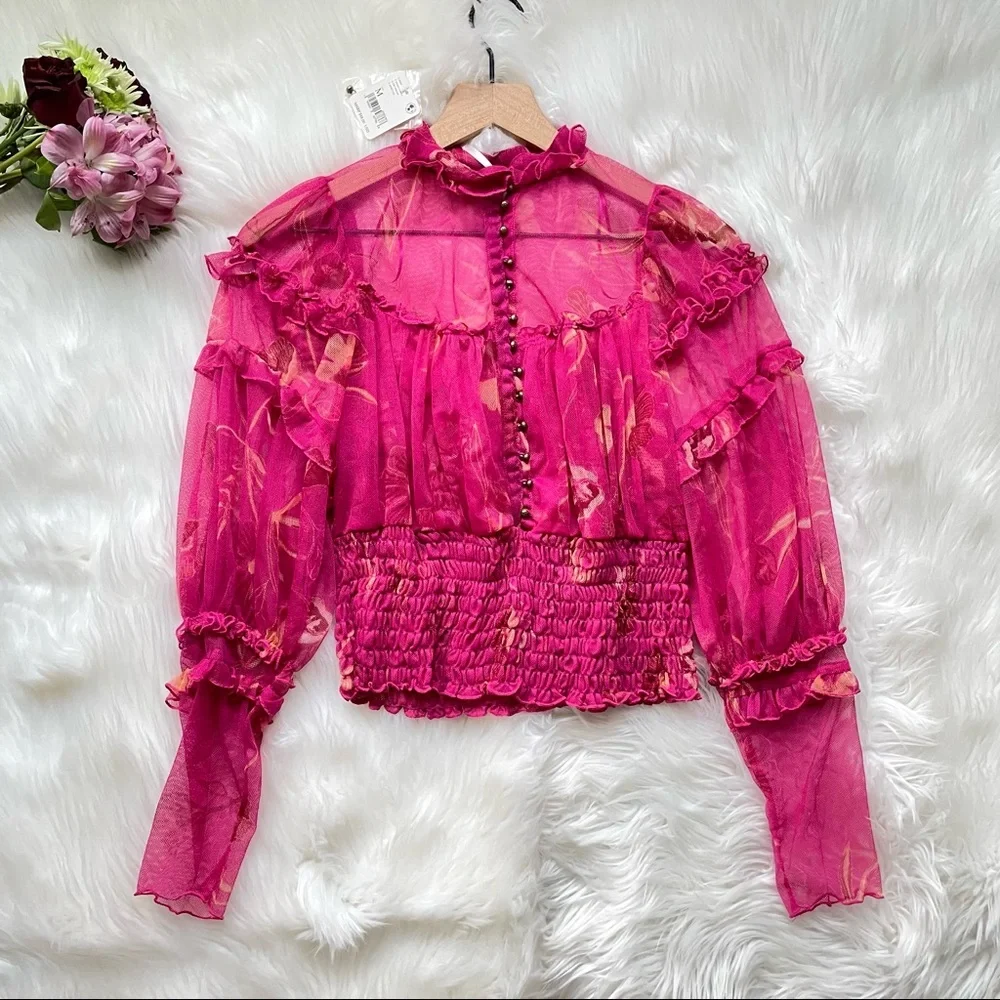 Free People Time For Shine Mesh Top Floral Cropped M NWT